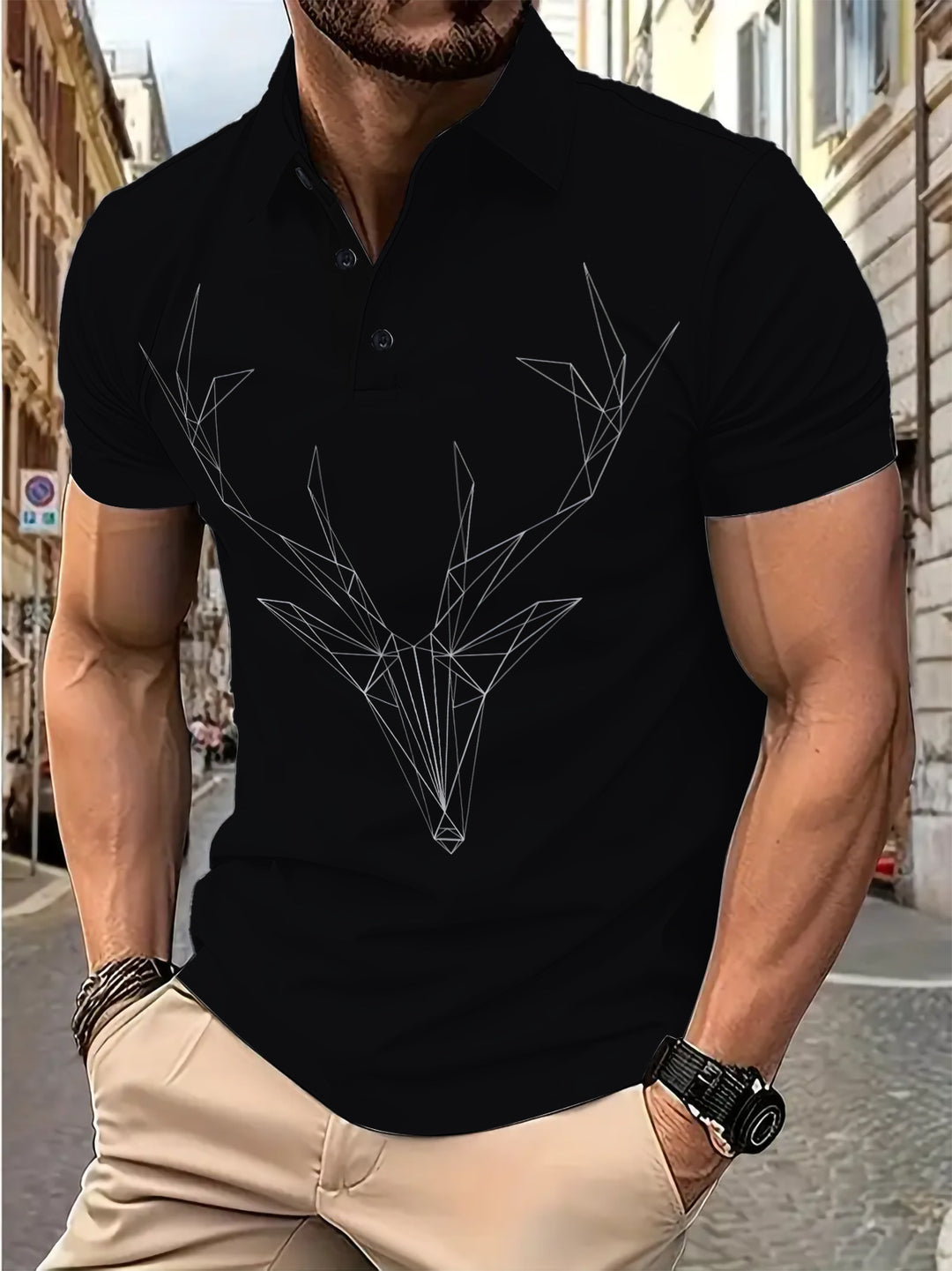 Herre poloshirt med geometrisk hjortedesign og højkvalitets bomuldsblanding Stilla