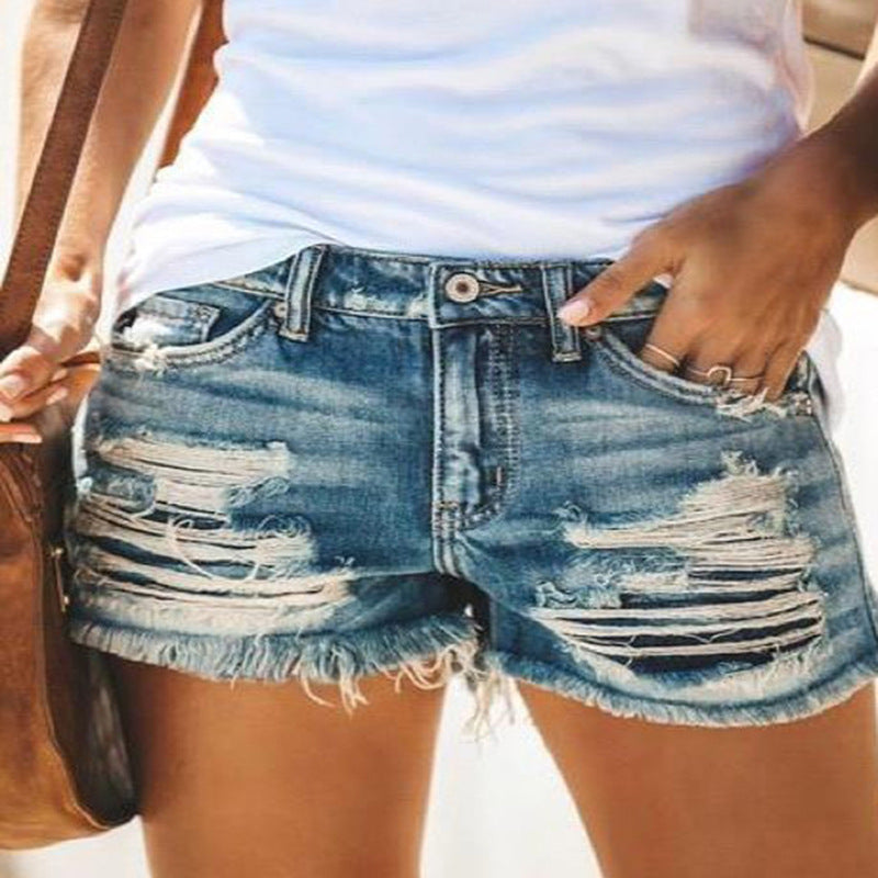 Dame Destroyed Denim Shorts i moderne look med frynser Skovae