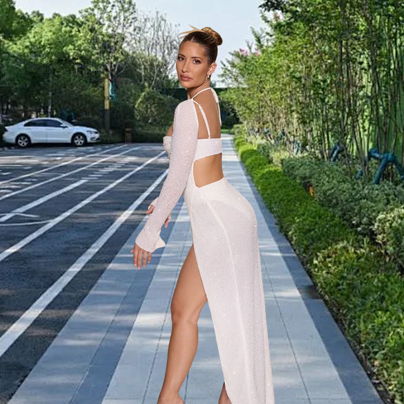 Damer Glamorous Maxi Kjole med Glitrende Detaljer og Side Slid
