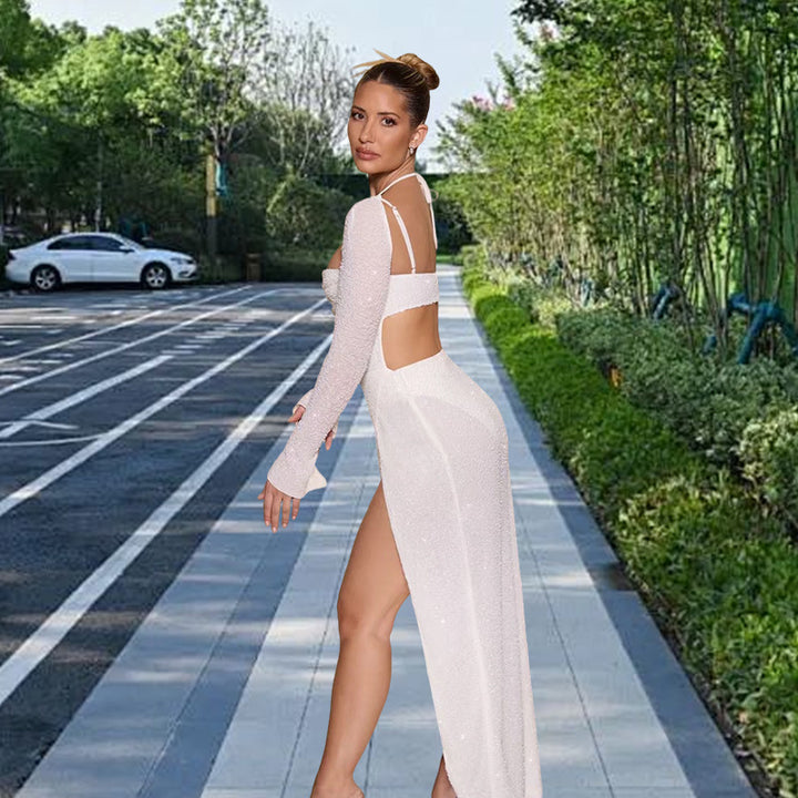 Damer Glamorous Maxi Kjole med Glitrende Detaljer og Side Slid