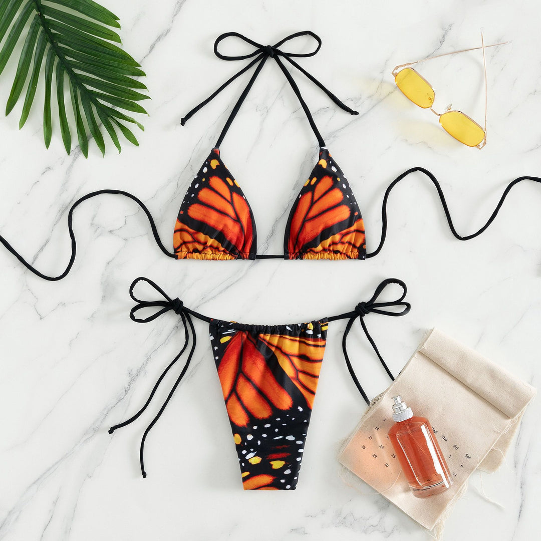 Dame Triangel-Bikinisæt med flot sommerfuglemønster og justerbare bånd Stilla