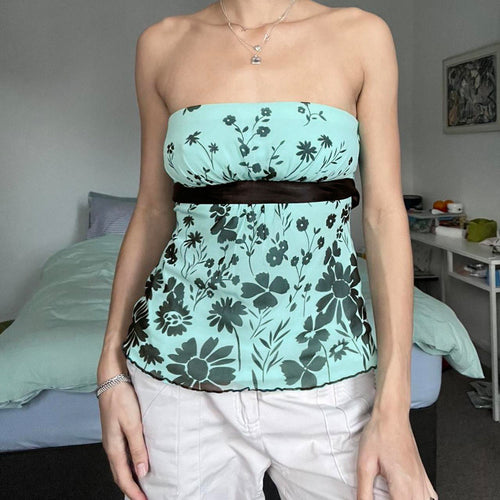 Dame bandeau-top med blomstermotiv og justerbart taljebånd Skovae
