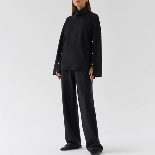 Dame Oversized Sweatshirt og bredbukser sæt med elegante knapdetaljer Stilla