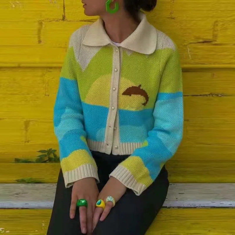 Damer trendy cardigan med sød delfin design og knap-op krave Stilla