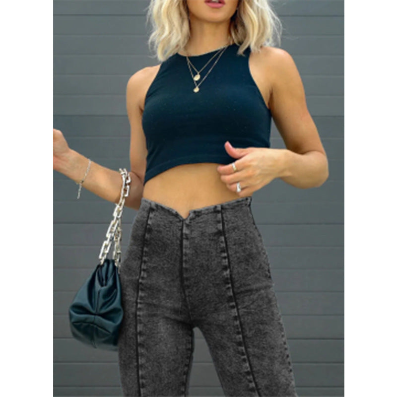 Dame High-Waist Denim-Bukser med sidelommer og knaplukning Stilla