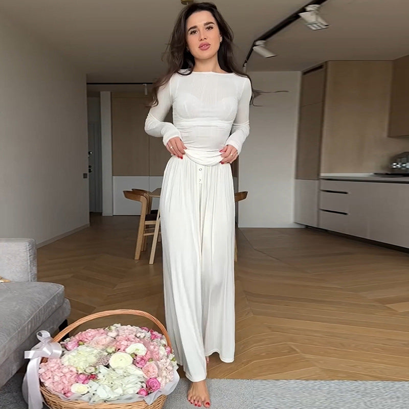 Dame sæt bestående af forførende cropped longsleeve og flydende maxiskørt Stilla
