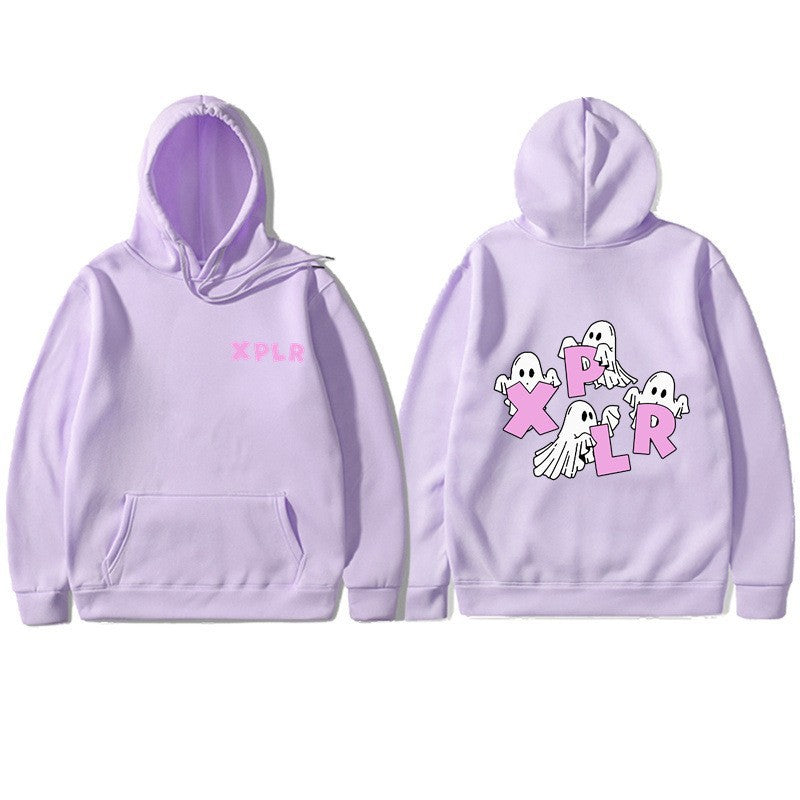 Dame hoodie med kreativt spøgelsesmotiv og kangaroo lomme Skovae