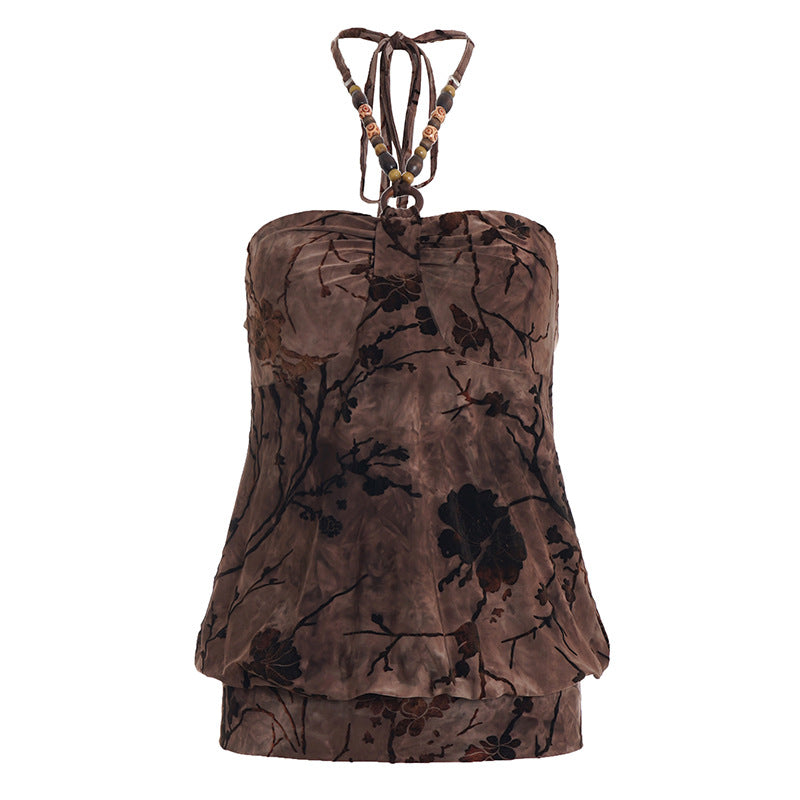 Dame løs bandeau-top med blomstermotiv og raffinerede bindebånd Skovae