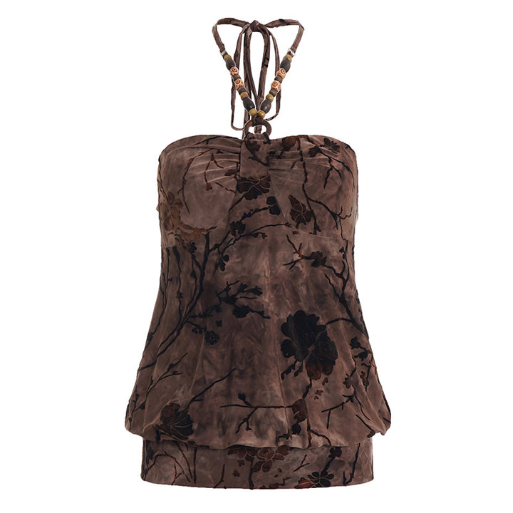 Dame løs bandeau-top med blomstermotiv og raffinerede bindebånd Skovae