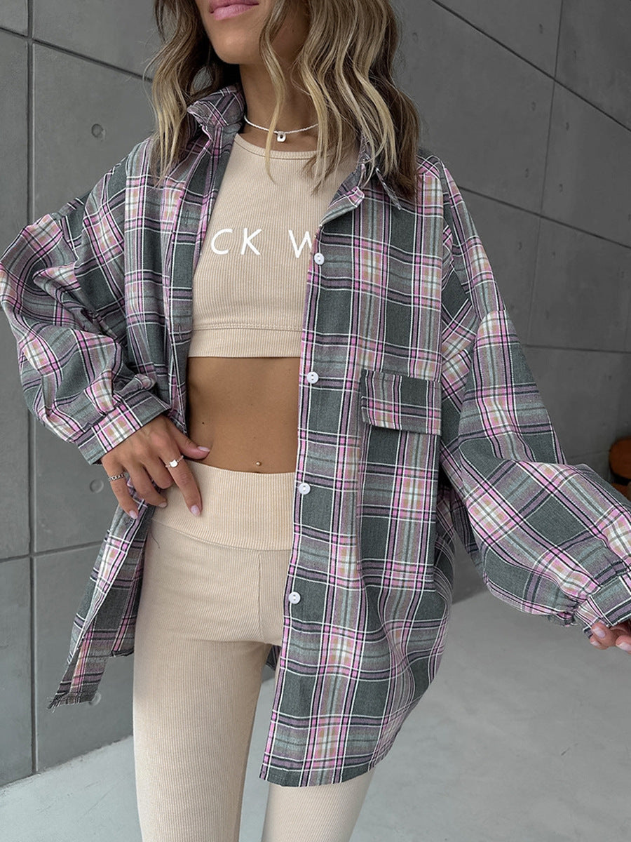 Dame Oversized Skjortebluse i Ternet Design med Lækre Detaljer Stilla