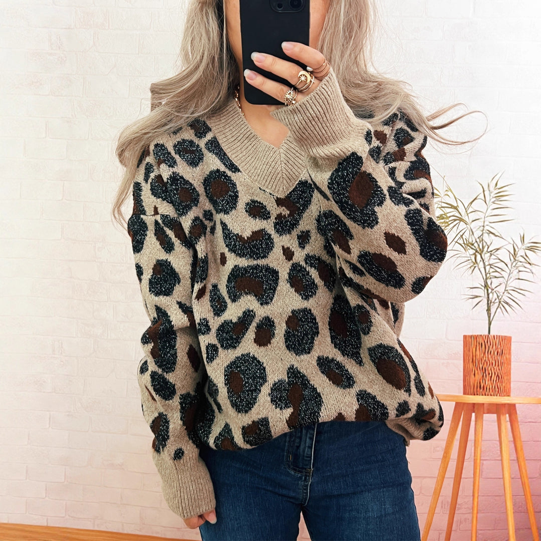 Kvinders afslappede strikket sweater med dyreprint Stilla