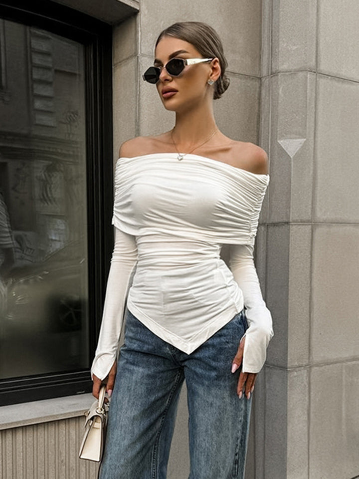 Dame Off-Shoulder-Bluse med rynkning og langærmet Stilla