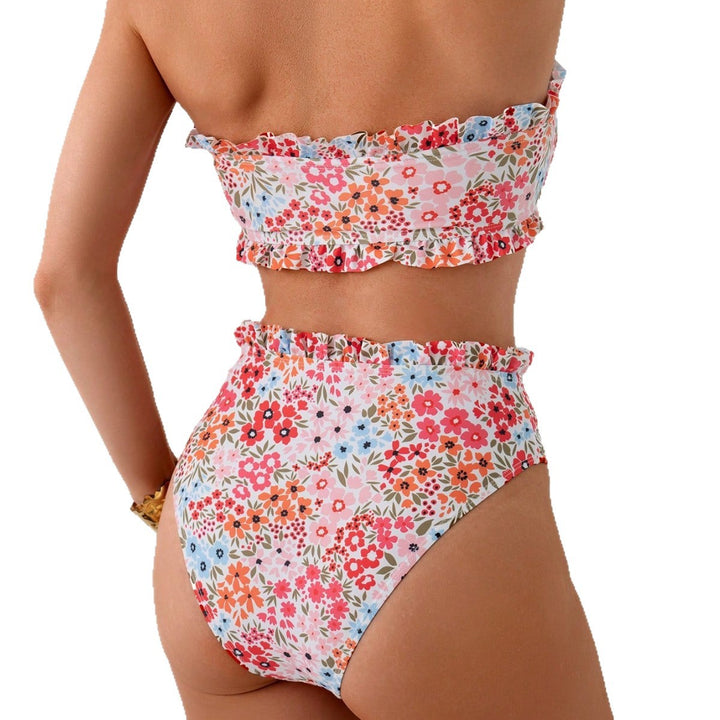 Dame bandeau-bikini med blomster-ruffeldesign Skovae