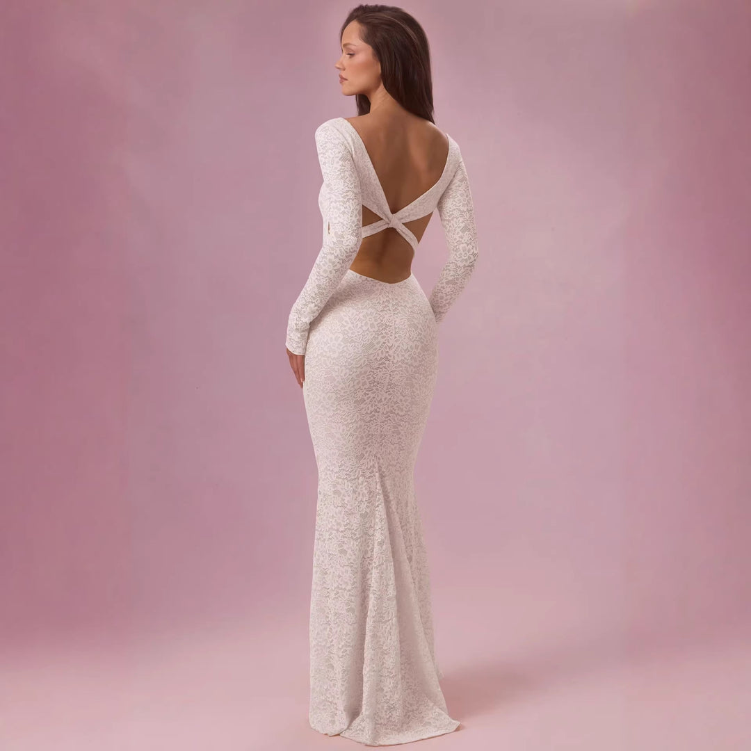Dame elegante blonde maxi kjoler med tilpasset silhuet og lange ærmer
