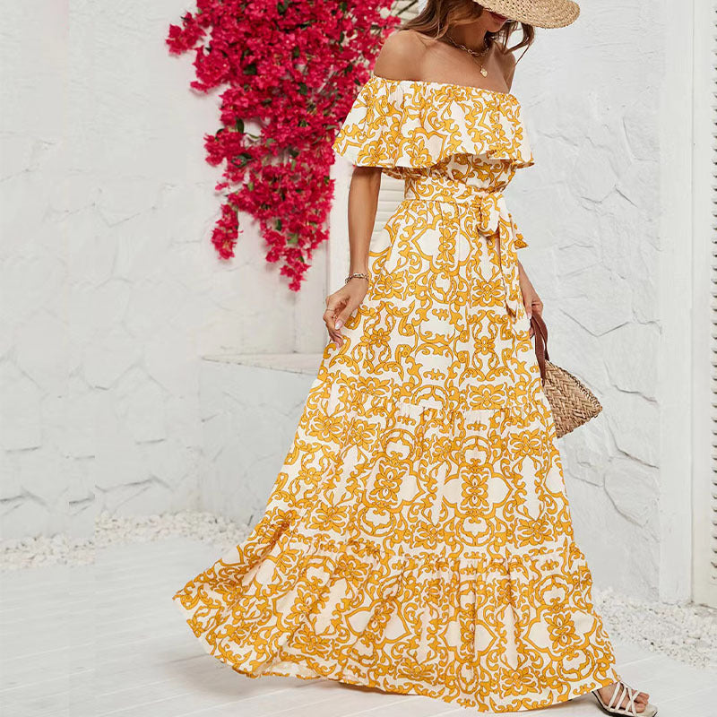 Dame Off-Shoulder Maxikjole med blomstertryk og elastisk taljebælte Stilla