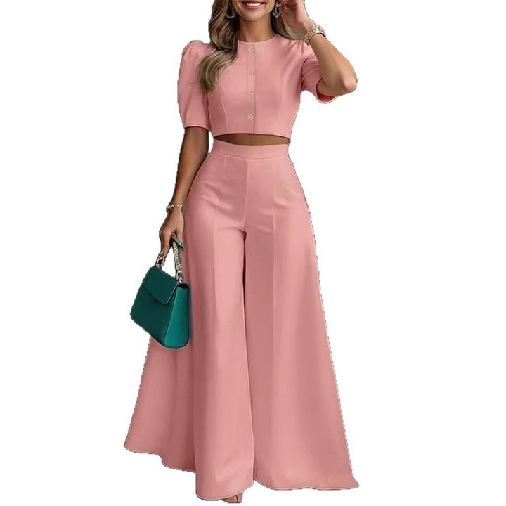 Dame elegant kort top med puffærmer og højt skårne palazzo bukser Skovae