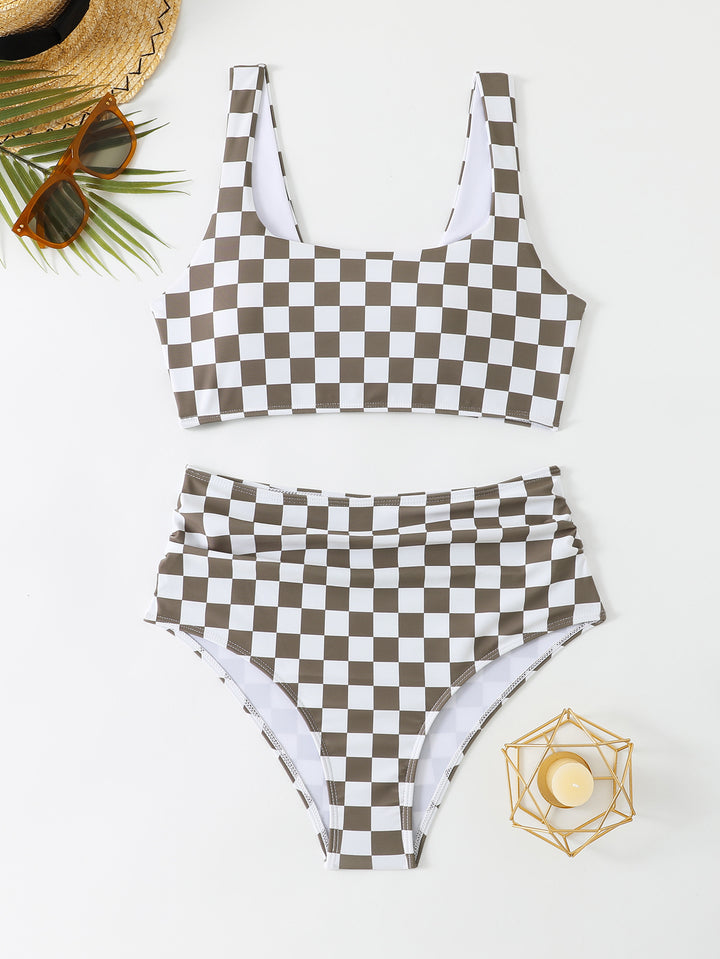 Dame bikini sæt med højskåret trusse og trendy ternet mønster Stilla