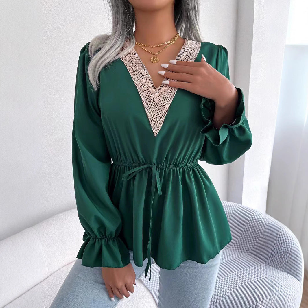 Dame Elegant V-Udsnit Bluse med Spidsedekoration Stilla