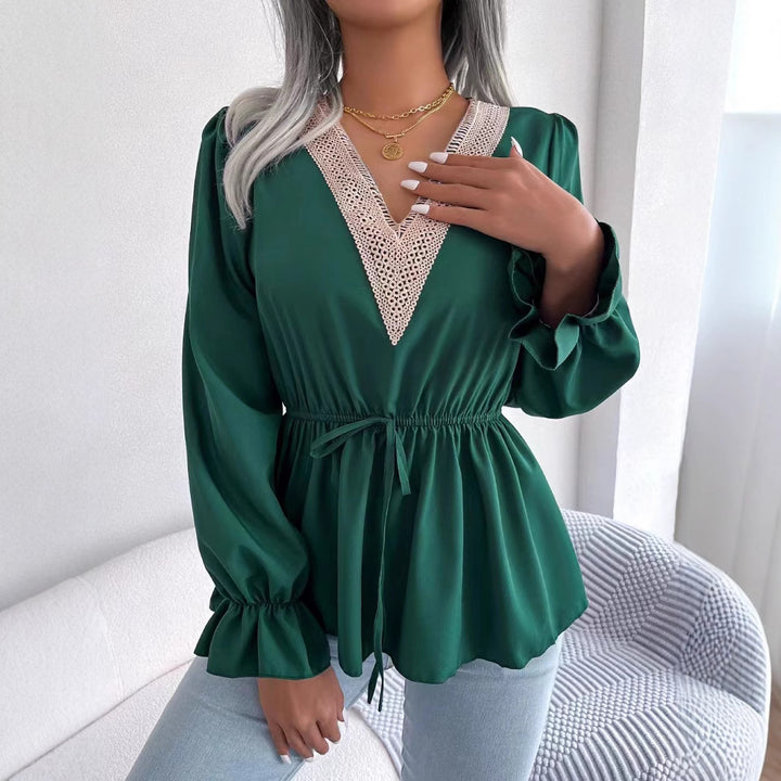 Dame Elegant V-Udsnit Bluse med Spidsedekoration Stilla