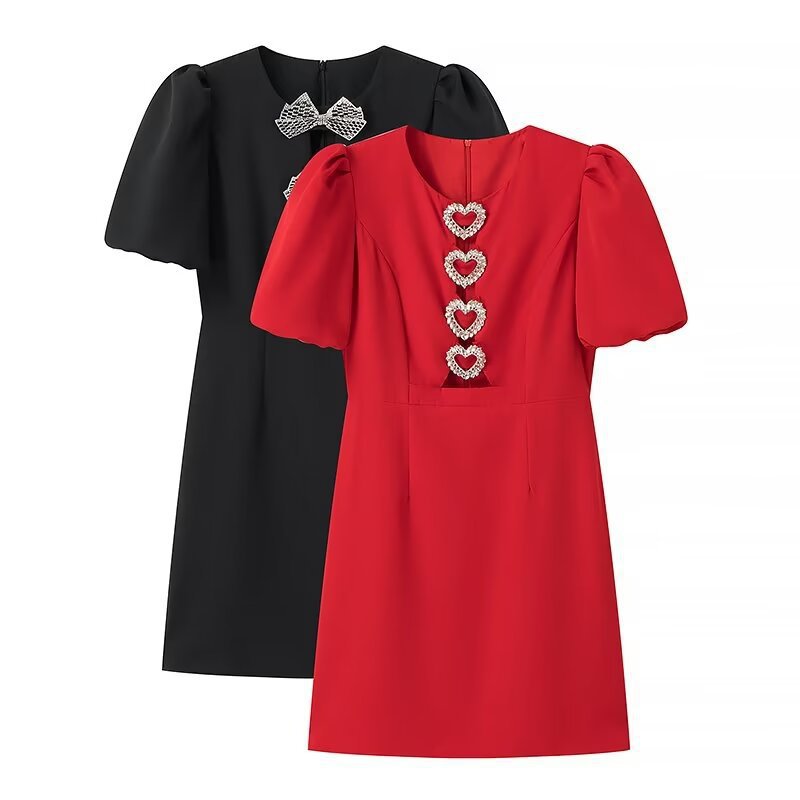 Women Elegant Evening Dress with Puff Sleeves and Decorative Bows Stilla