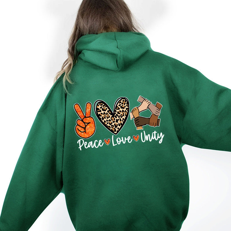 Kvinders hoodie med højkvalitets Peace-Love-Unity design Skovae