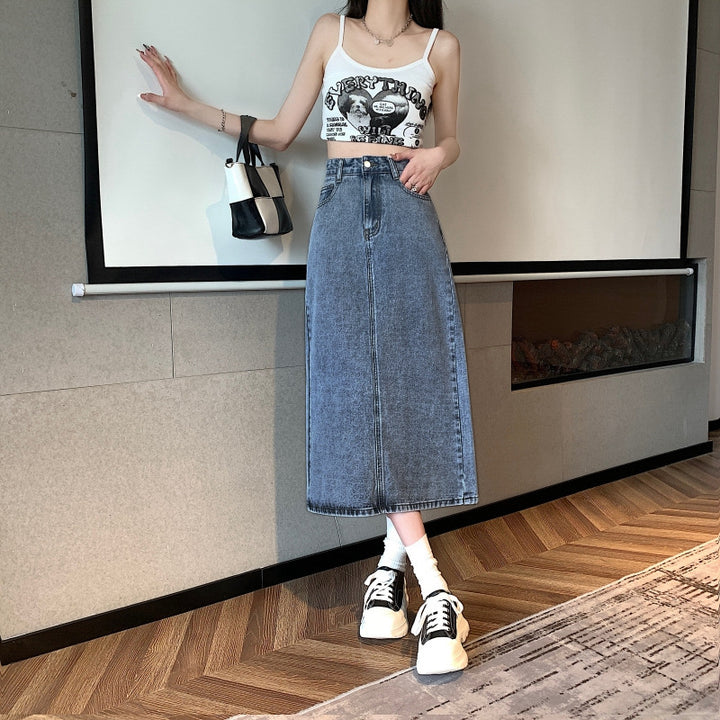 Dame midi denim nederdel med frontslids Stilla