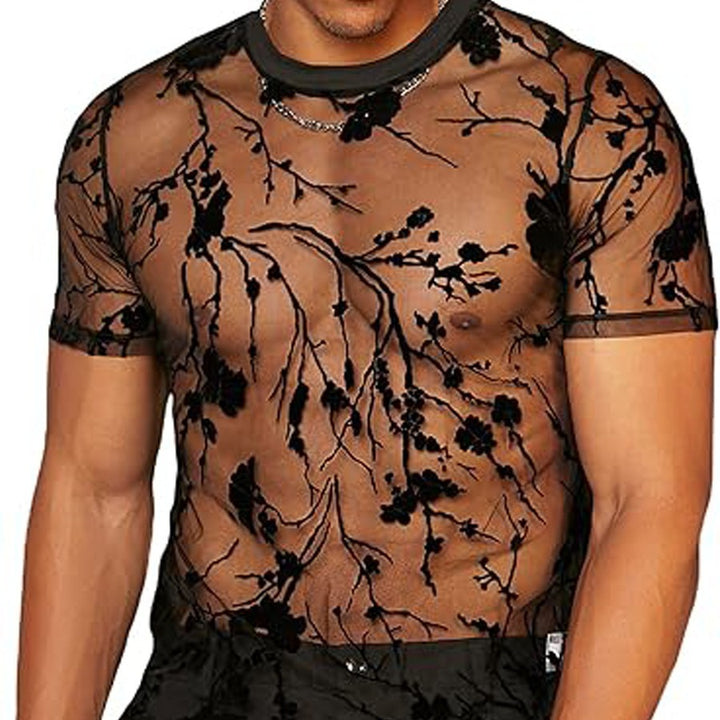 Damer nan transparent net-top med blomster velour broderi og rund halsudskæring Skovae
