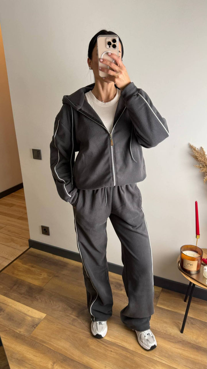 Kvindernes sporty fleece træningsdragt sæt med lynlås og sidelister Skovae