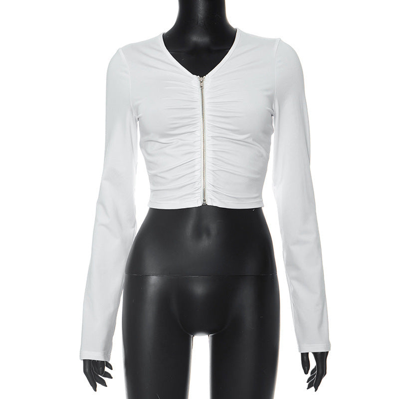 Femme Cropped Zip-Up Langærmet Top med Rynkning Stilla