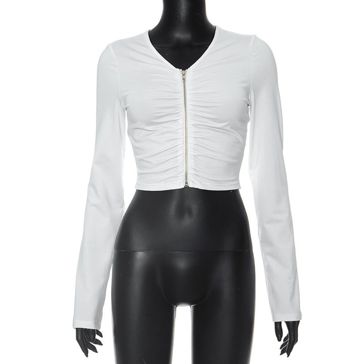 Femme Cropped Zip-Up Langærmet Top med Rynkning Stilla