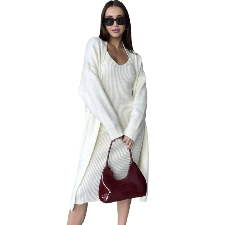 Dame ribstrik kjole med lang cardigan Stilla