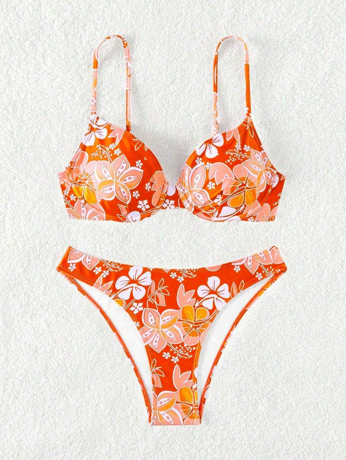 Dame polstret trekant-bikini med blomstermotiv og justerbare stropper Skovae