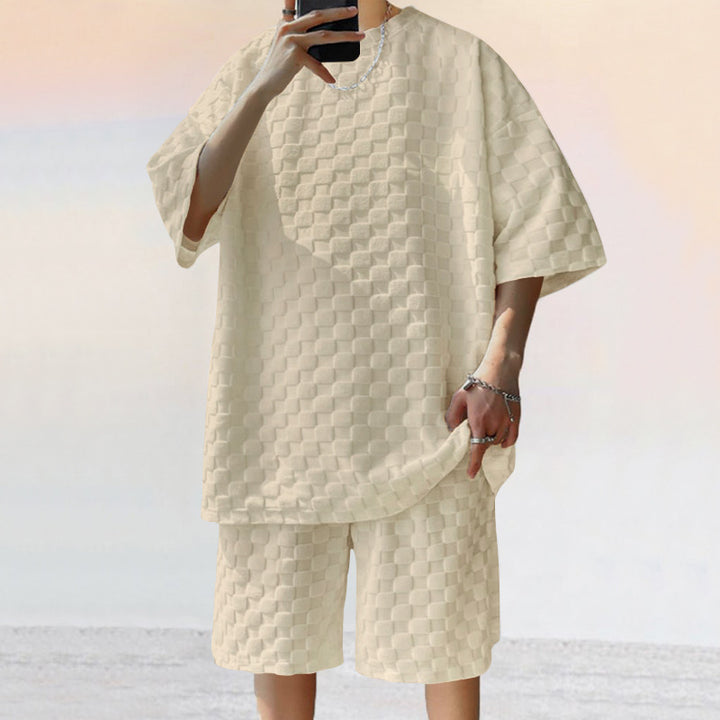 Unisex nan struktureret relief-sæt lavet af honningcomb-jersey med oversized skjorte og knælang shorts Skovae