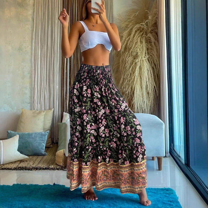 Dame maxilangt skirt med blomster mønstre og elastisk talje Stilla