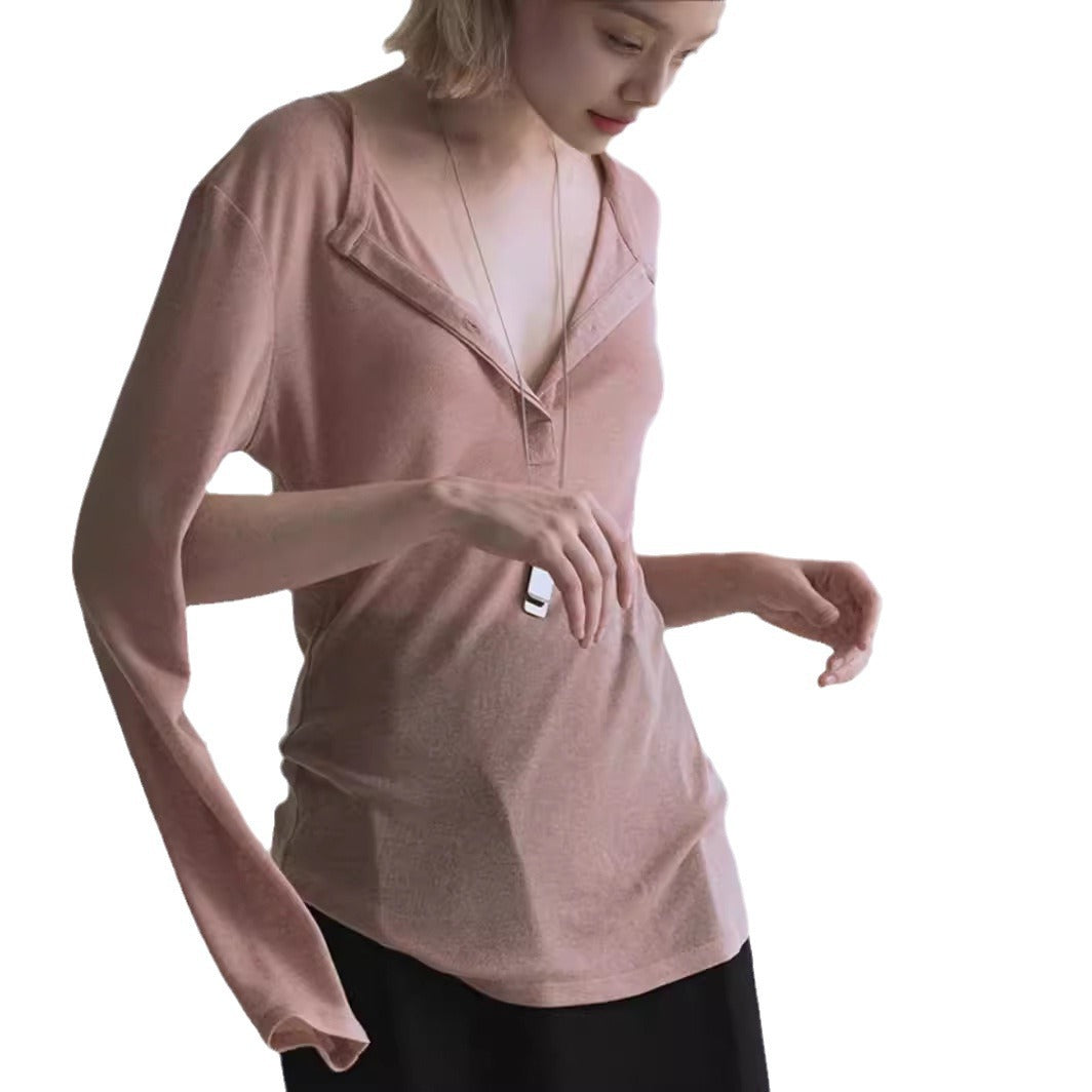 Dame casual langærmet skjorte med dyb V-udskæring og elegant snit Stilla