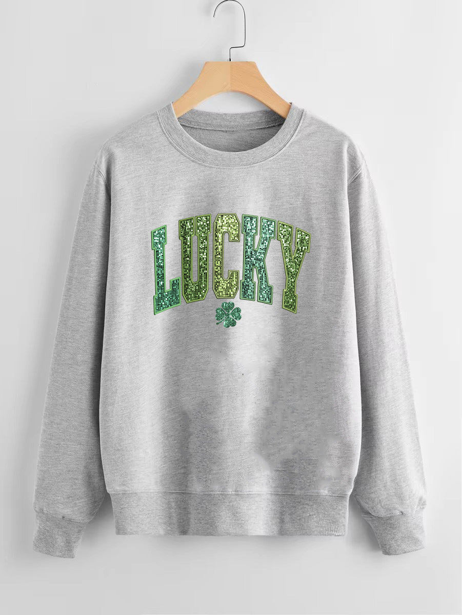 Dame casual sweatshirt med glitrende skrift og kløver motiv Stilla