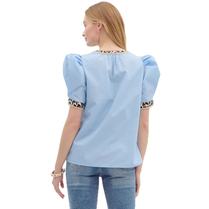 Dame nan legeres Bluser-Top med voluminøse puffærmer, V-udskæring og leopardprint-besætning Skovae
