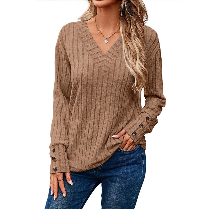 Dame afslappet V-hals sweater med fine striber Stilla