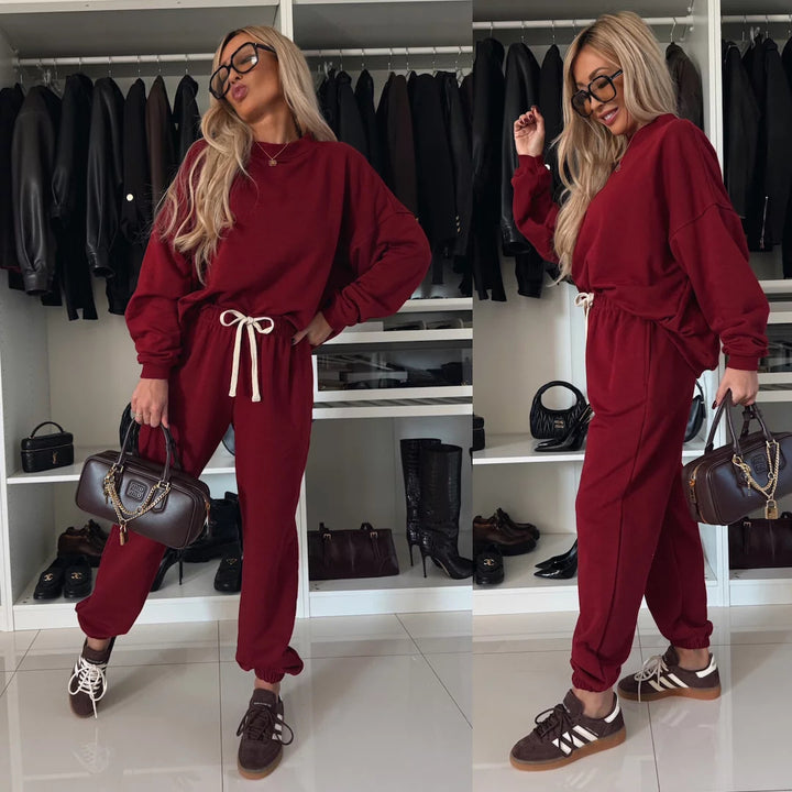 Kvinders stilfulde fleece loungewear sæt med løs pasform og elastisk talje Skovae