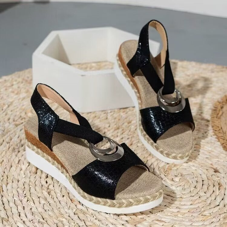 Dame Wedge-sandaler med dekorativ spænde lukning og jute-look Stilla