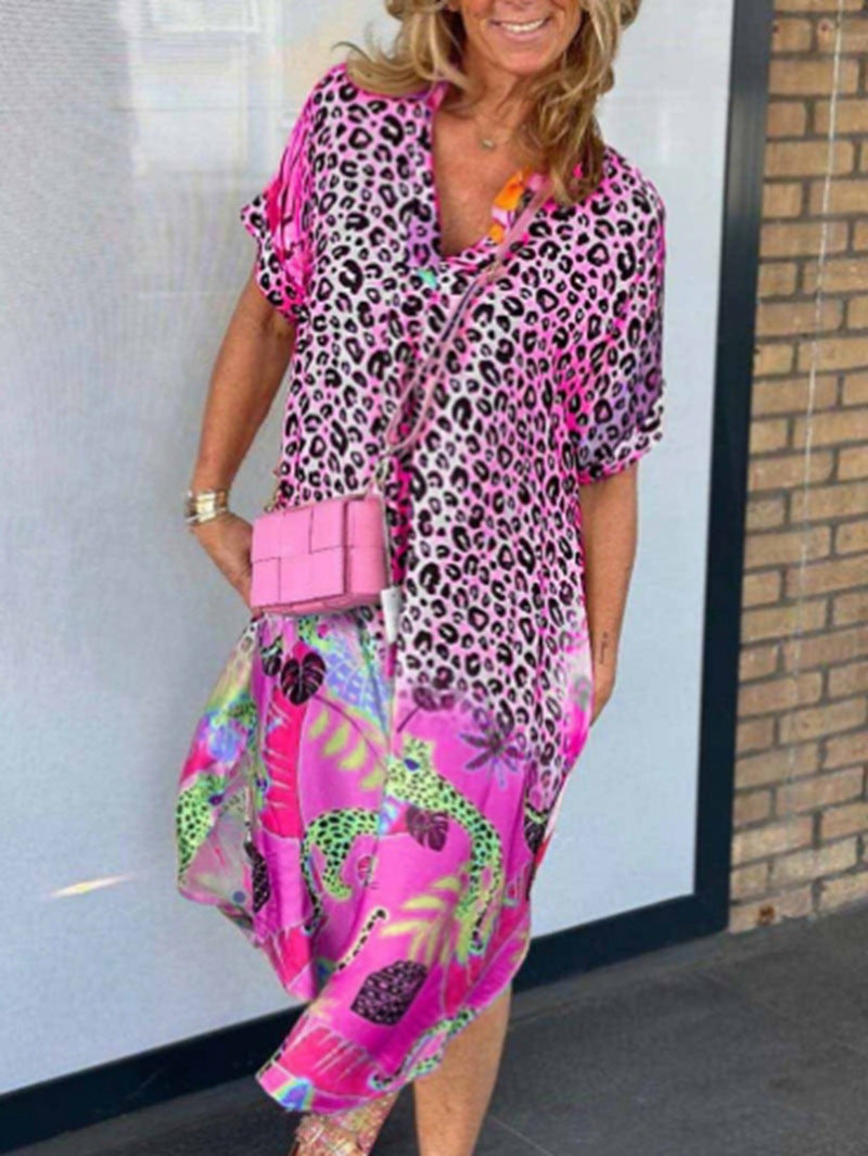 Dame nan locker siddende V-udskæring Midikjole med leopardmønster og tropemotiv Skovae