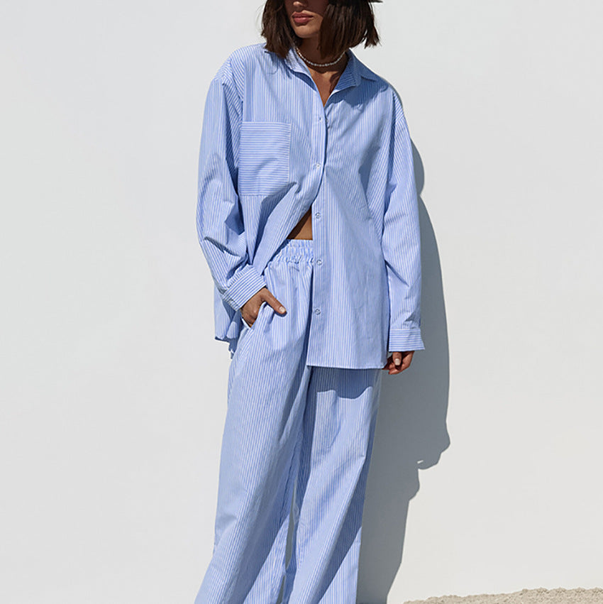 Dame afslappet sæt bestående af stribet oversized skjorte og løs bukser Stilla