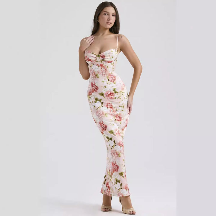 Dame maxikjole med blomster-spidsedesign og smalle stropper Stilla