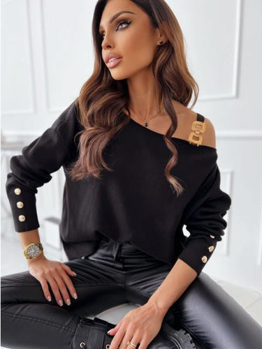 Dame Oversized Pullover med skulderudskæringer og dekorative knapper Stilla