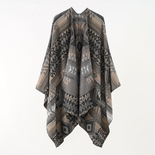 Dame Geometrisk Overhangsponcho med Varmt Materiale og Trendy Mønstring Skovae