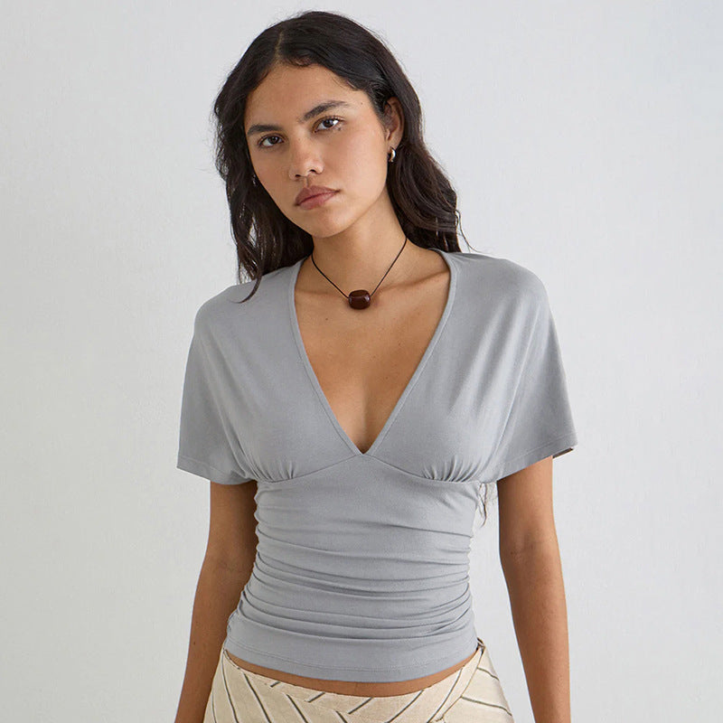 Damen Wickeloberteil mit tiefem V-Ausschnitt und Raffung Skovae