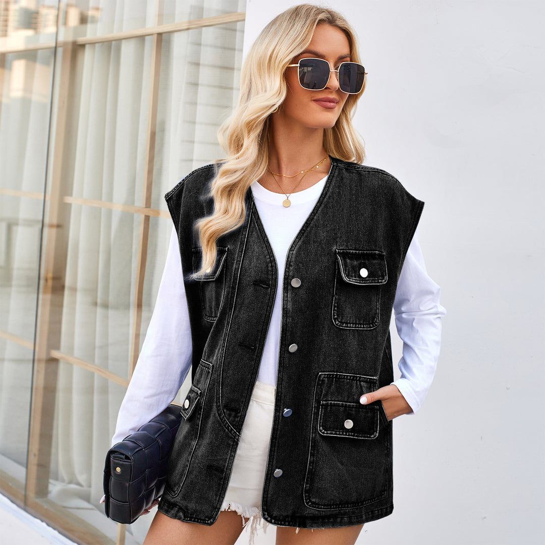 Dame Denim-vest med store lommer og moderne accenter Stilla
