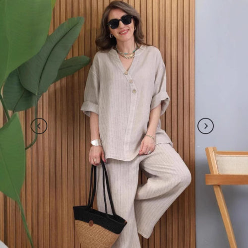 Dame Sommerlig Linnedbluse med brede Bukser Stilla