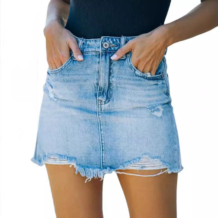 Damer jeans mini nederdel i brugt look med frynser og høj talje Stilla