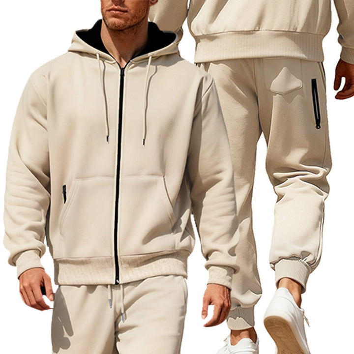 Herren nan hoodie sæt med gennemgående lynlås, kengurutaske og konisk joggingbukser med lynlåslommer Skovae